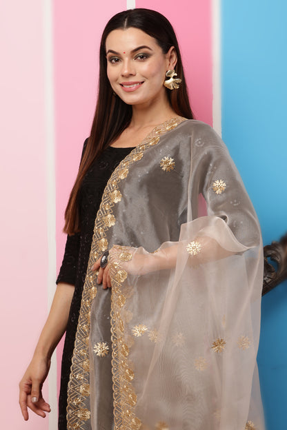Organza Dupatta- Dark Beige Zari