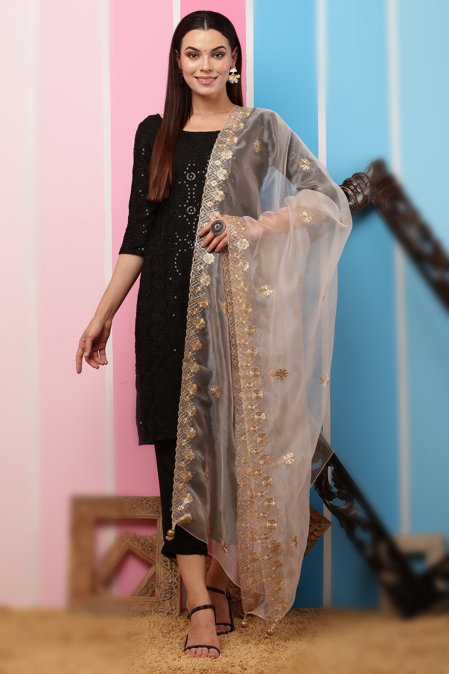 Organza Dupatta- Dark Beige Zari