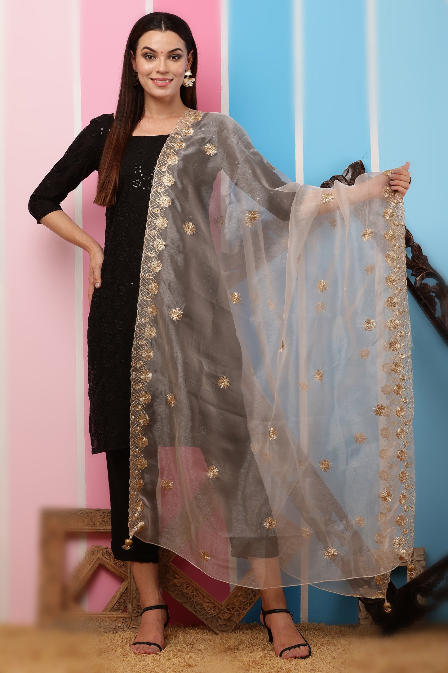 Organza Dupatta- Dark Beige Zari