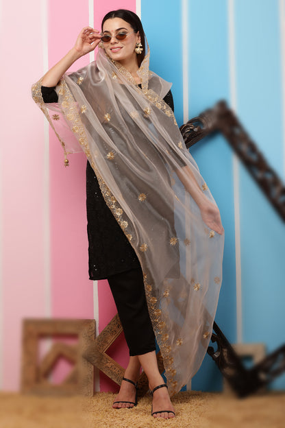 Organza Dupatta- Dark Beige Zari