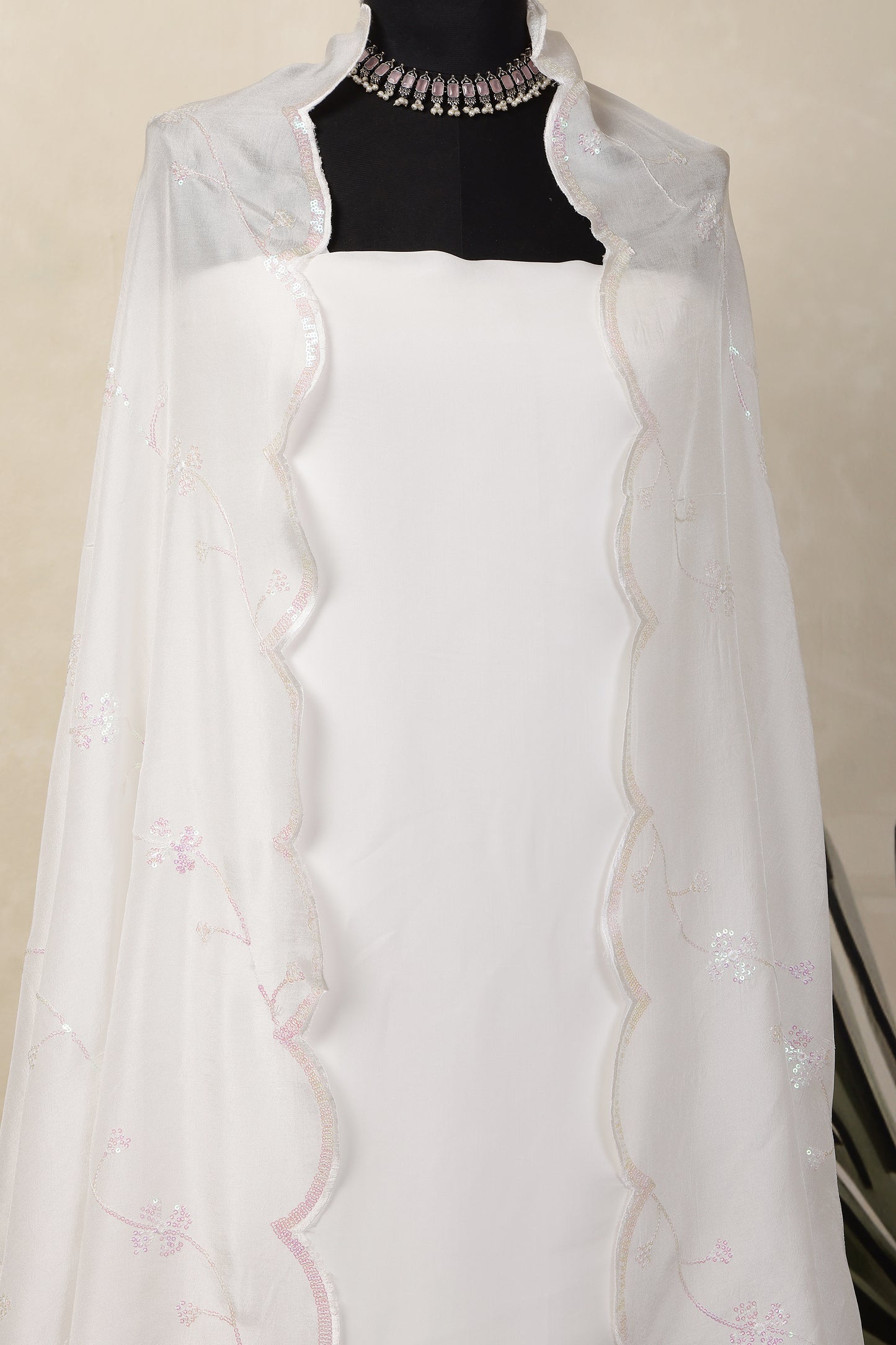 White Modal Satin Unstitched Suit Set with White Sequins Embroidered Dupatta