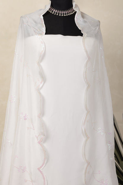 White Modal Satin Unstitched Suit Set with White Sequins Embroidered Dupatta