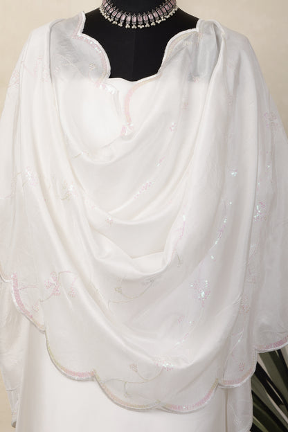 White Modal Satin Unstitched Suit Set with White Sequins Embroidered Dupatta