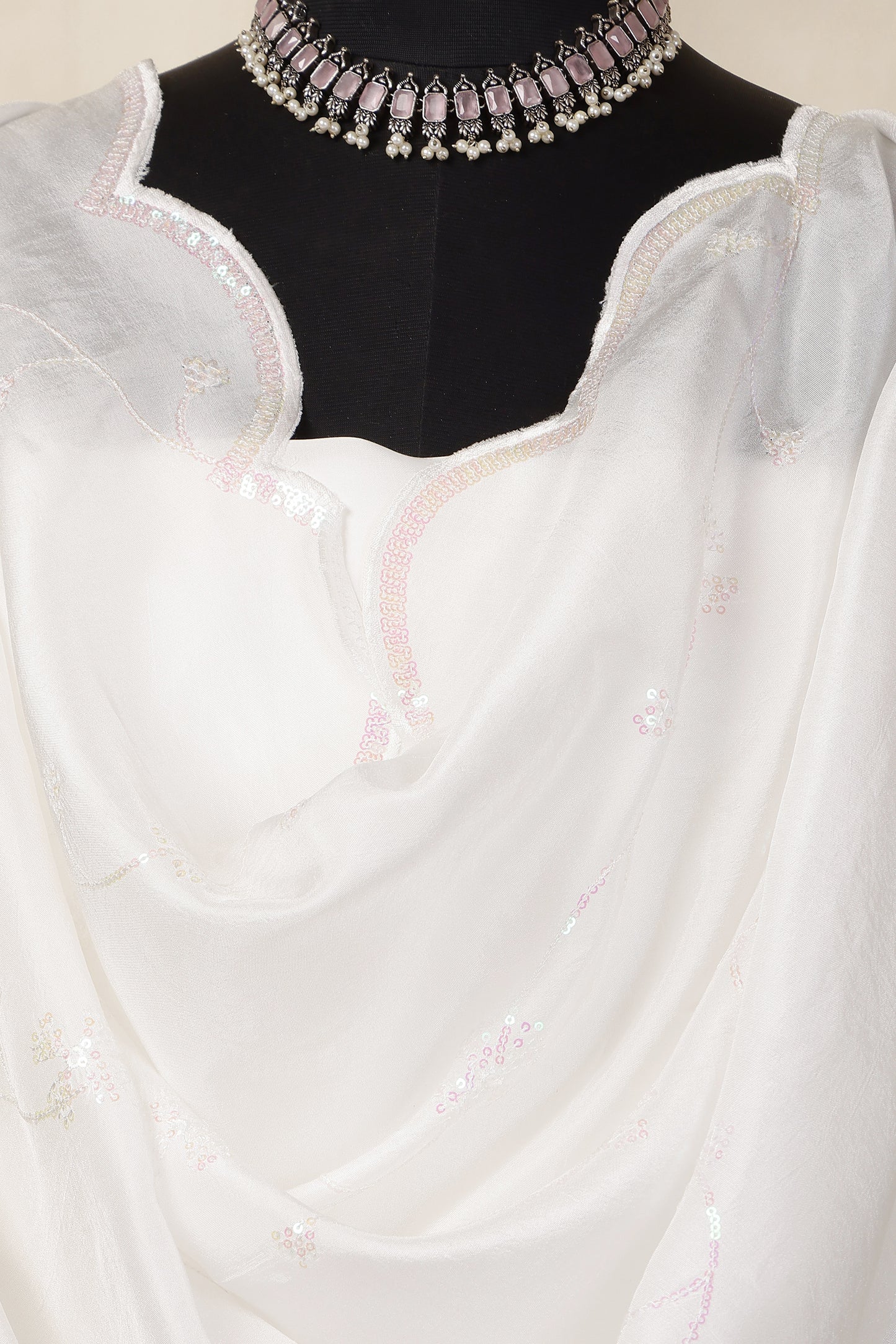 White Modal Satin Unstitched Suit Set with White Sequins Embroidered Dupatta