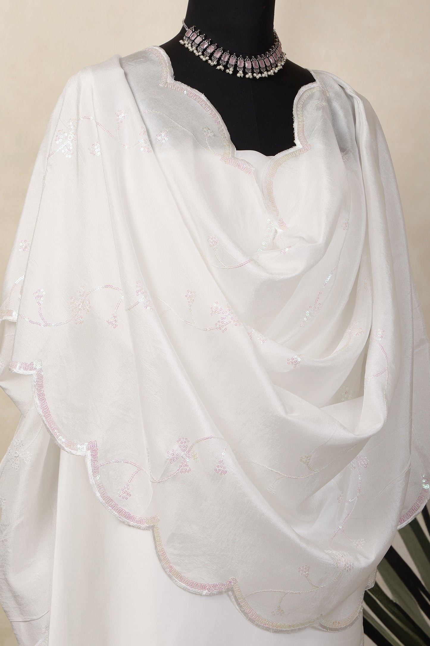 White Modal Satin Unstitched Suit Set with White Sequins Embroidered Dupatta