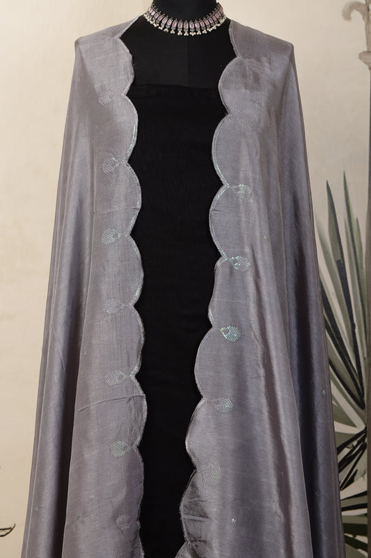 Black Linen Unstitched Suit Set with Grey Sequins Embroidered Dupatta