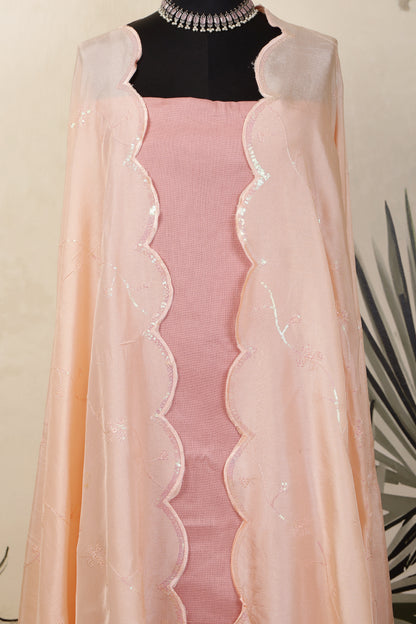 Pink Linen Unstitched Suit Set with Peach Sequins Embroidered Dupatta