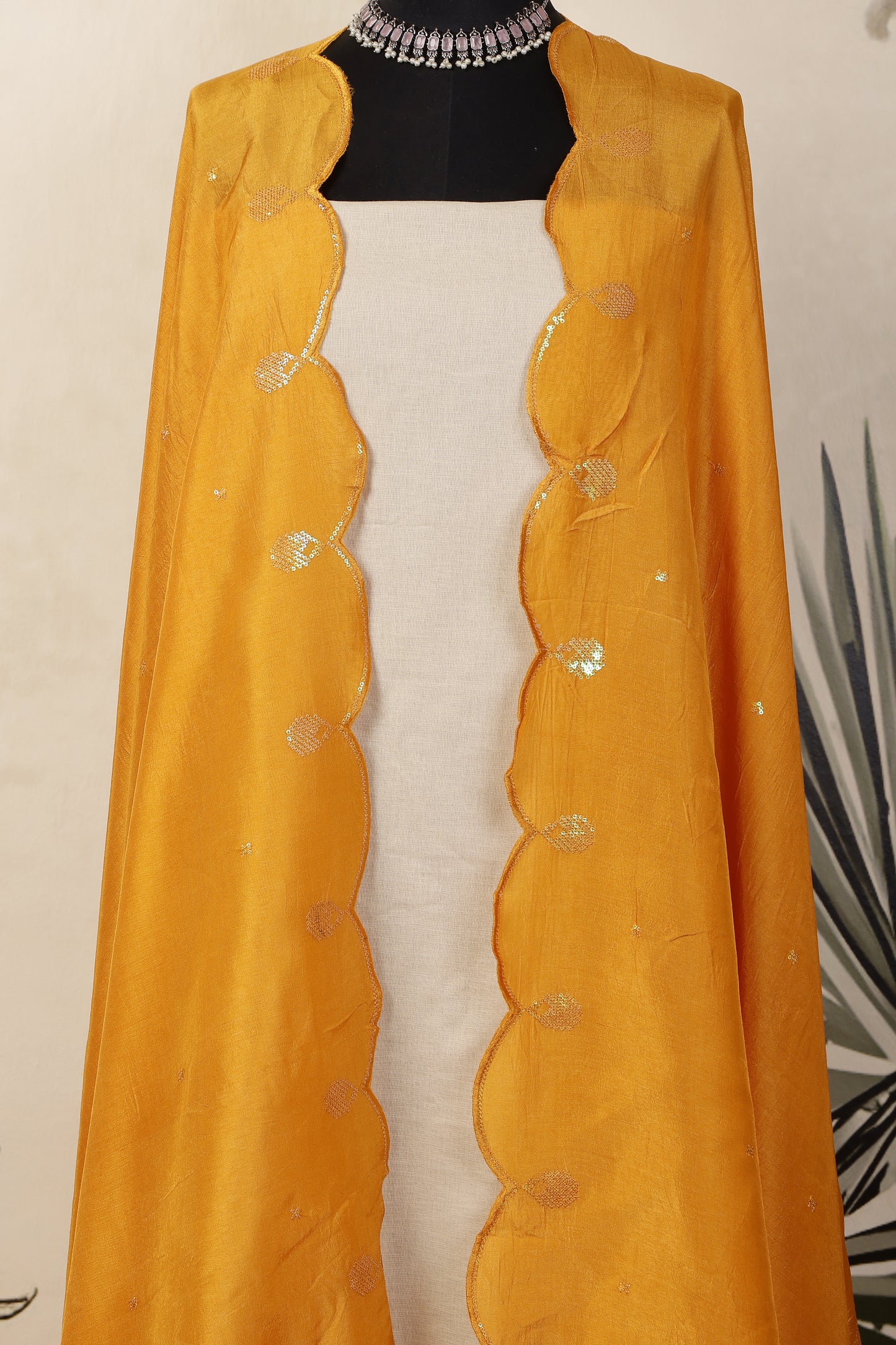 Beige Linen Unstitched Suit Set with Mustard Yellow Sequins Embroidered Dupatta