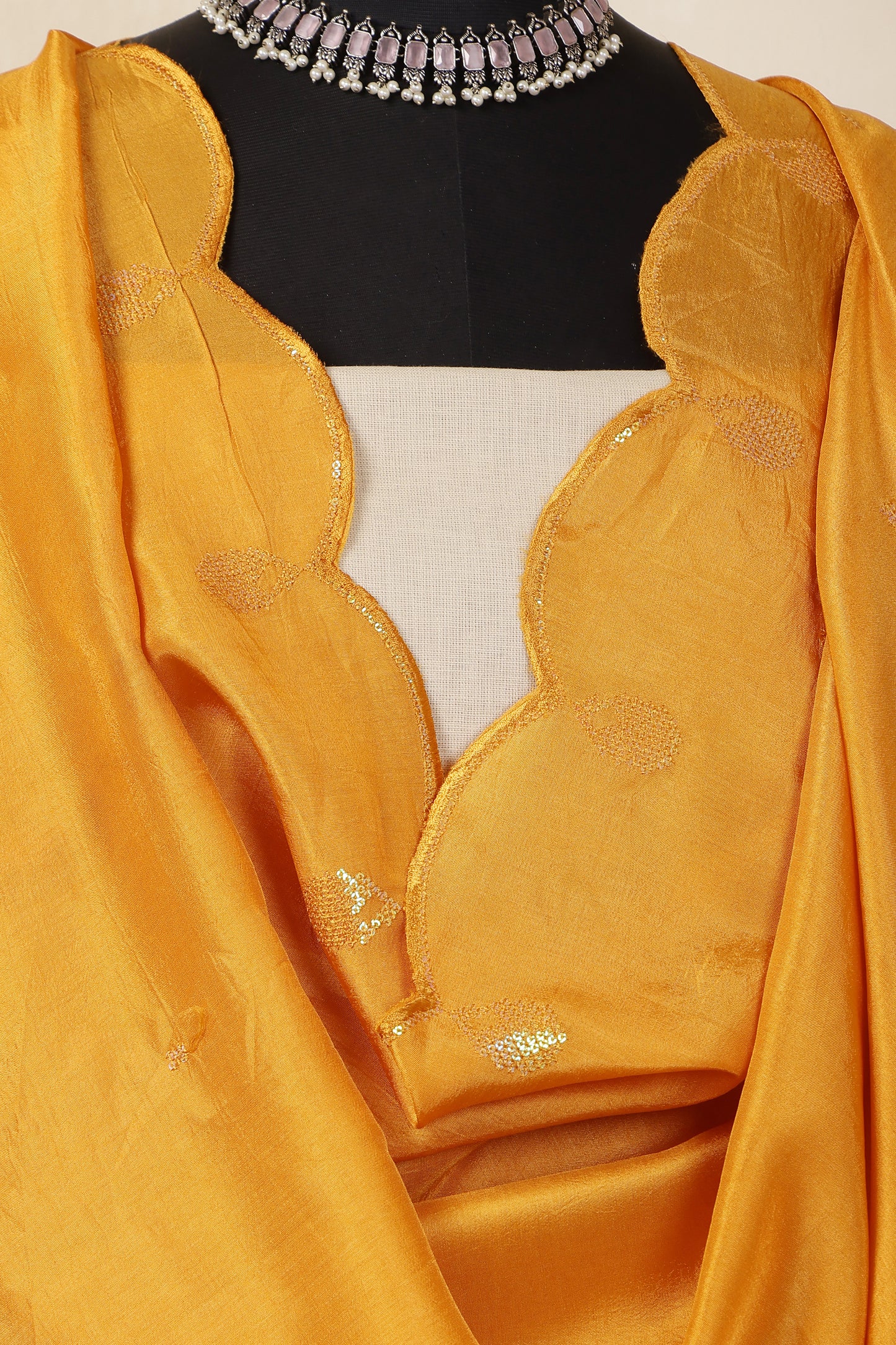 Beige Linen Unstitched Suit Set with Mustard Yellow Sequins Embroidered Dupatta