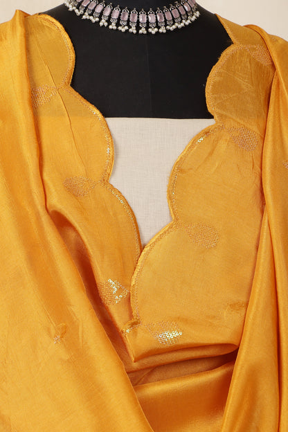 Beige Linen Unstitched Suit Set with Mustard Yellow Sequins Embroidered Dupatta