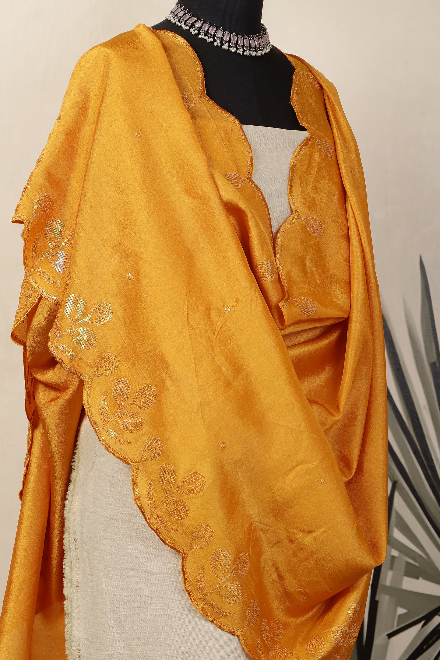 Beige Linen Unstitched Suit Set with Mustard Yellow Sequins Embroidered Dupatta