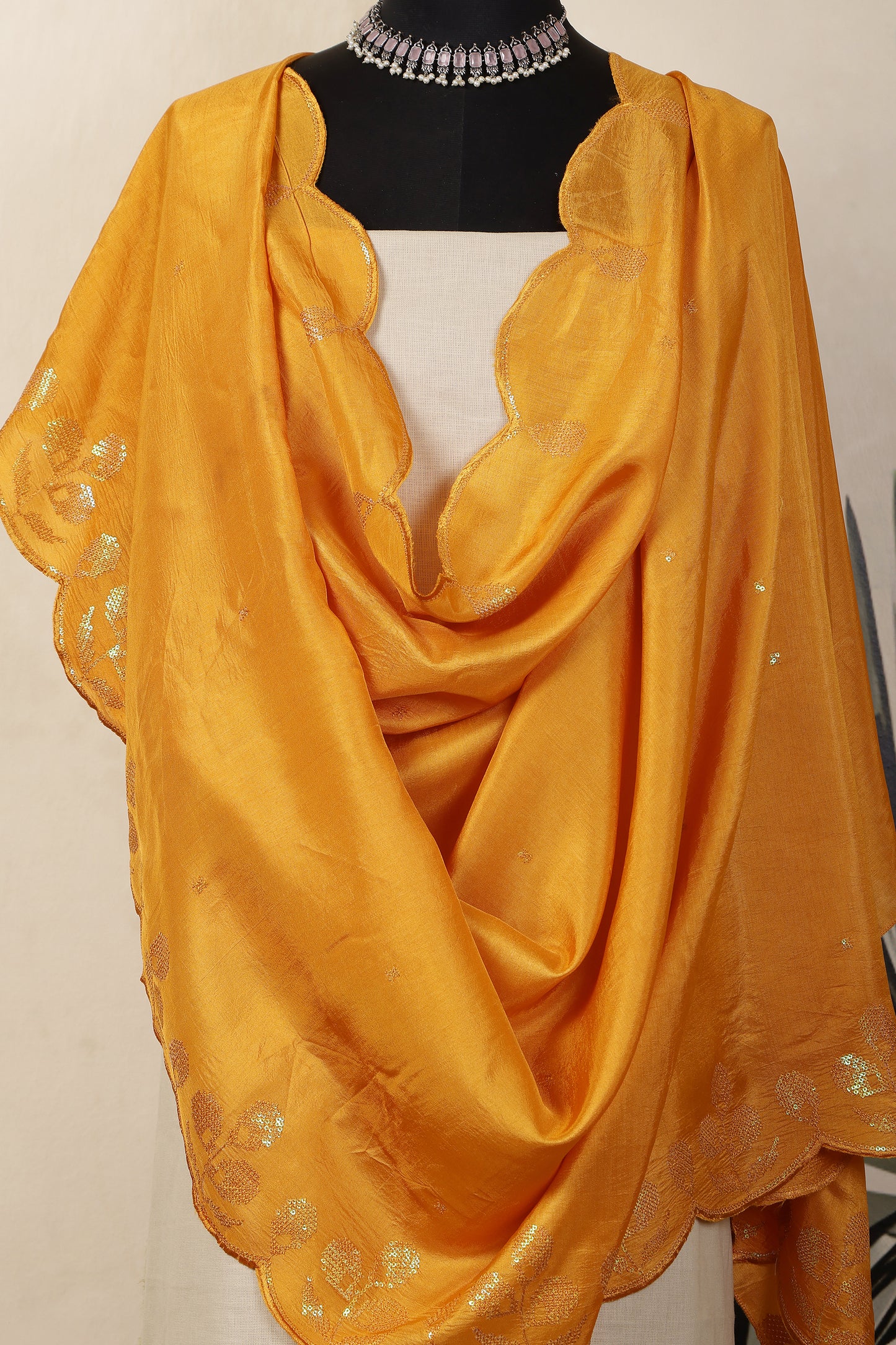 Beige Linen Unstitched Suit Set with Mustard Yellow Sequins Embroidered Dupatta