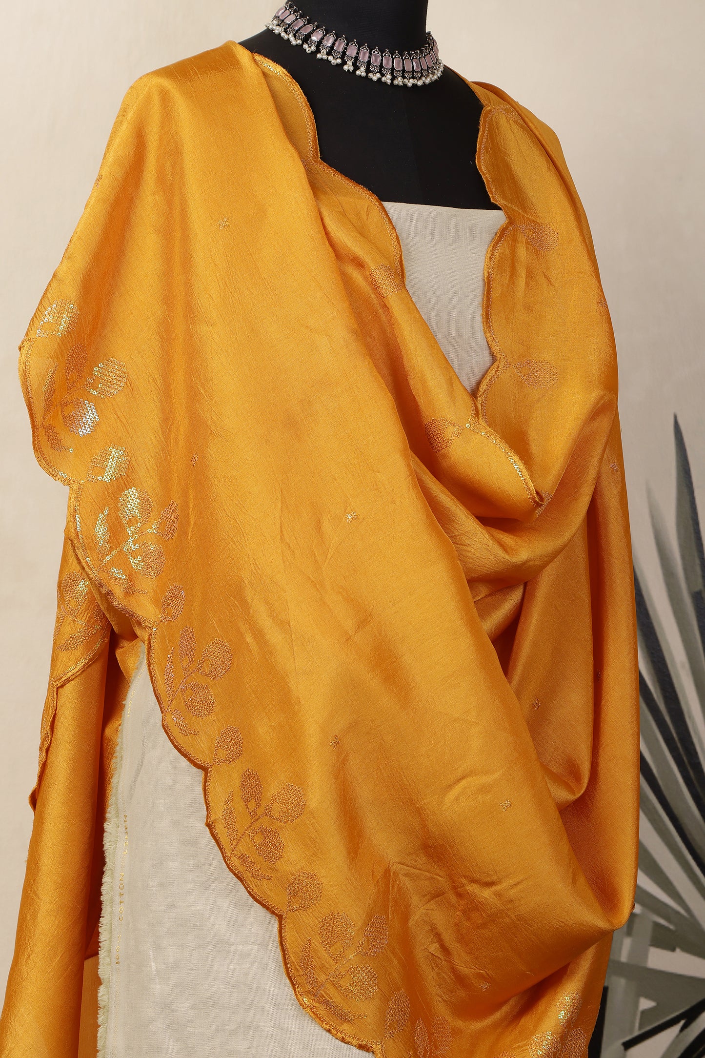 Beige Linen Unstitched Suit Set with Mustard Yellow Sequins Embroidered Dupatta