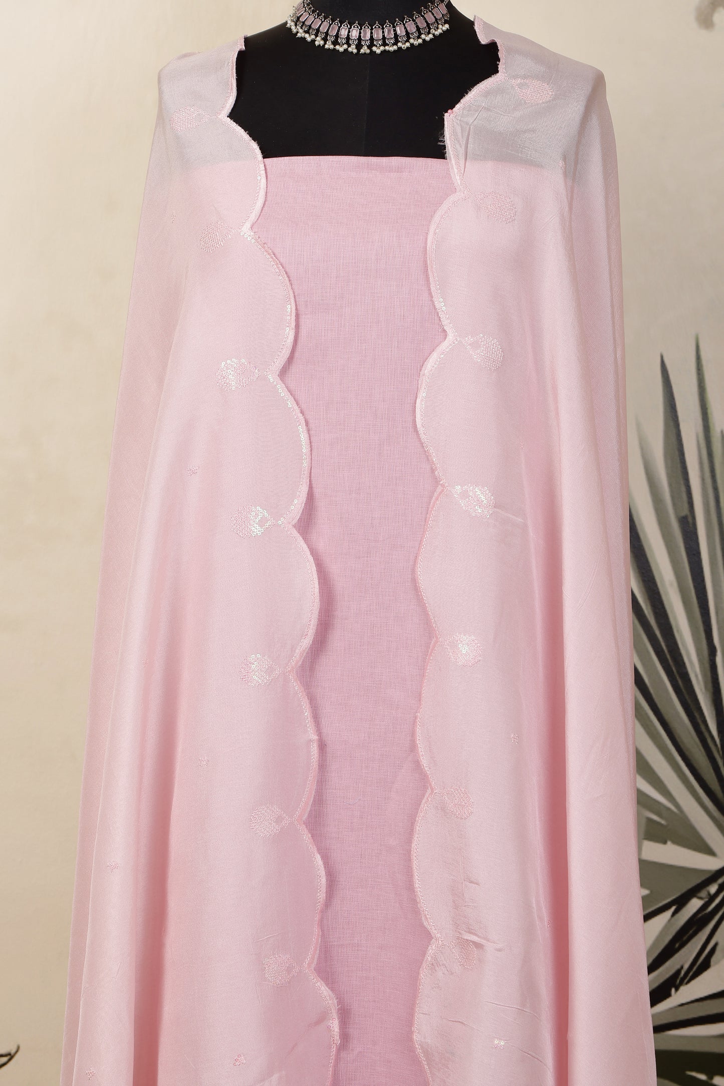 Baby Pink Linen Unstitched Suit Set with Pink Sequins Embroidered Dupatta
