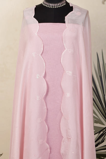 Baby Pink Linen Unstitched Suit Set with Pink Sequins Embroidered Dupatta