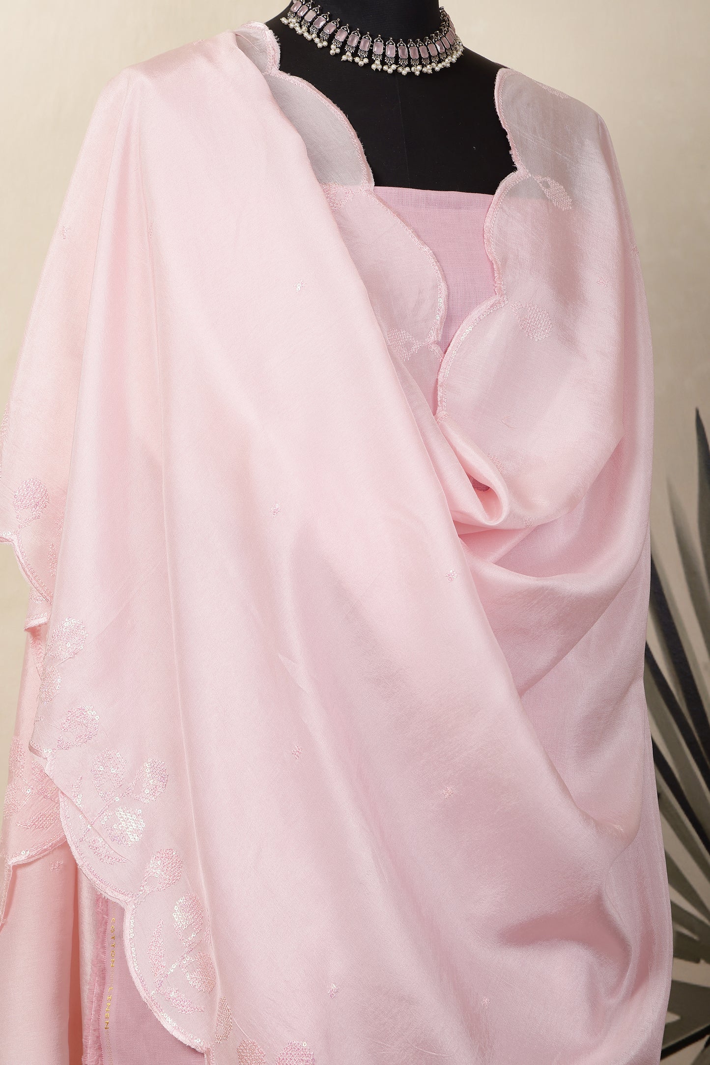 Baby Pink Linen Unstitched Suit Set with Pink Sequins Embroidered Dupatta