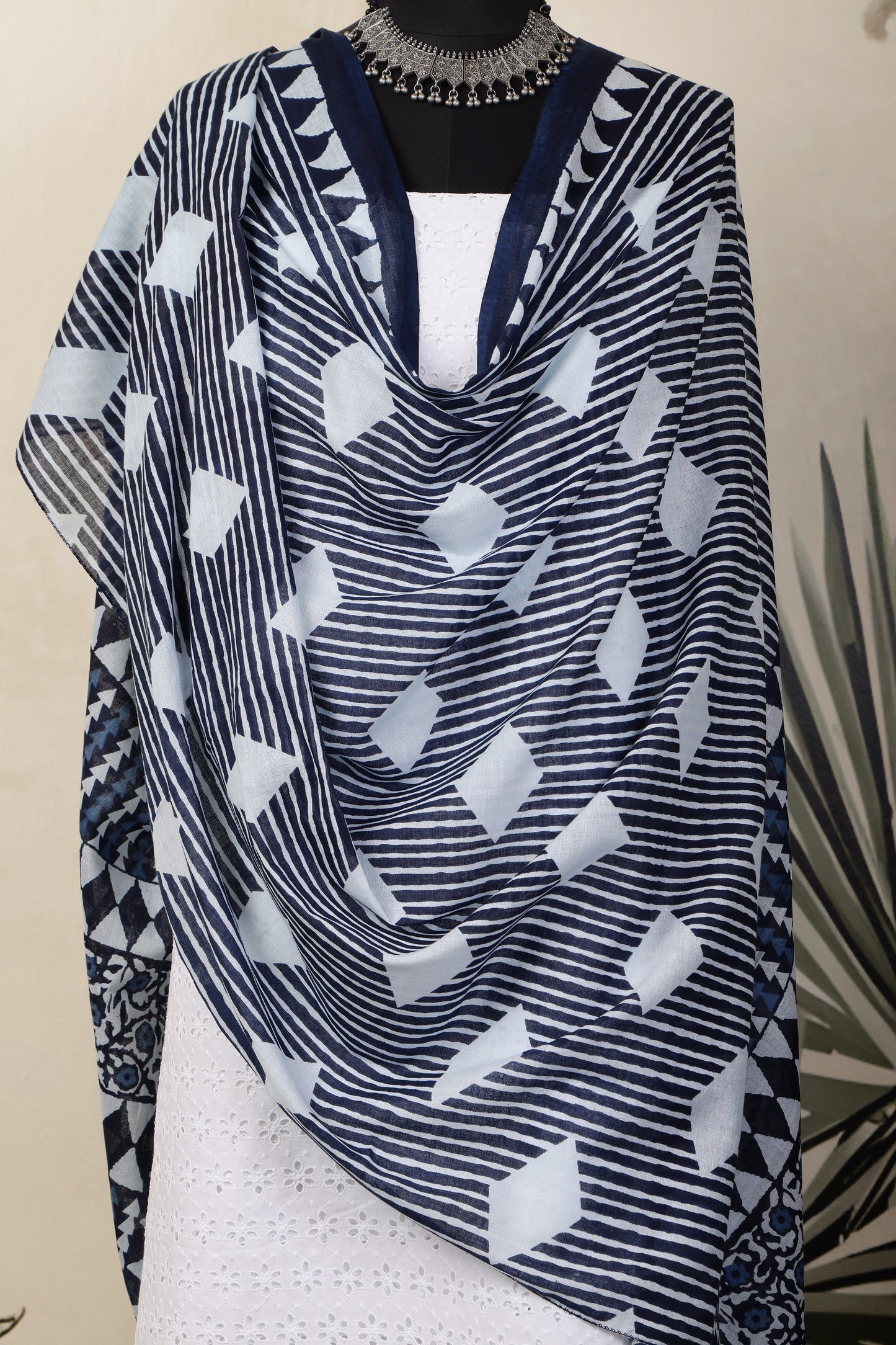 White Cotton Shiffli Unstitched Suit Set with Indigo Blue Printed 5 Mul Cotton Dupatta