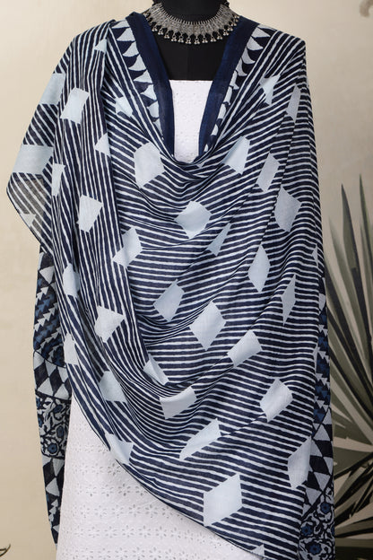 White Cotton Shiffli Unstitched Suit Set with Indigo Blue Printed 5 Mul Cotton Dupatta