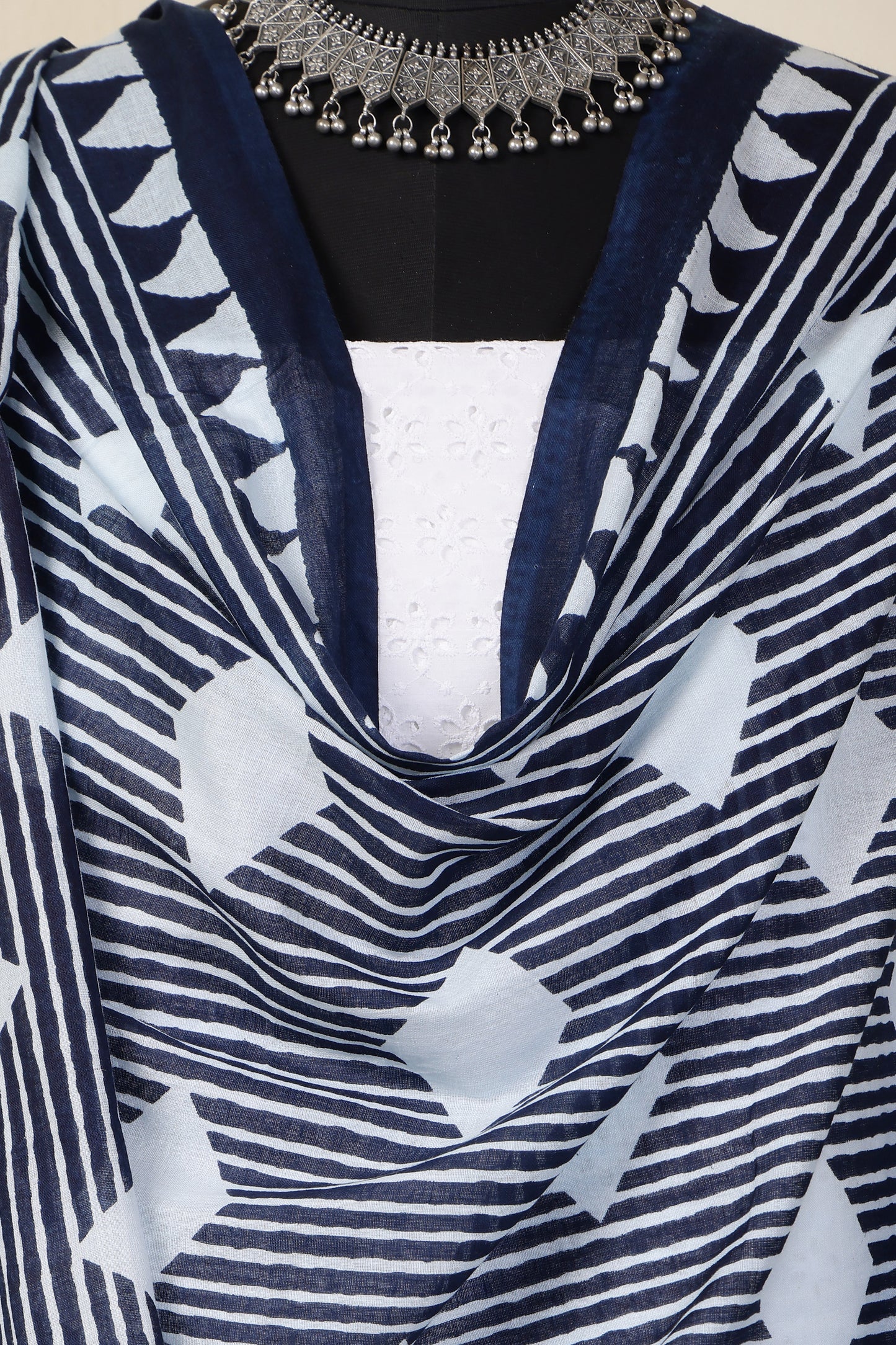 White Cotton Shiffli Unstitched Suit Set with Indigo Blue Printed 5 Mul Cotton Dupatta