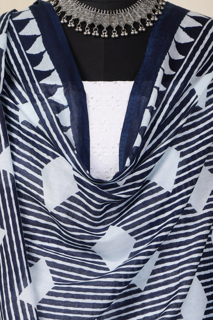 White Cotton Shiffli Unstitched Suit Set with Indigo Blue Printed 5 Mul Cotton Dupatta