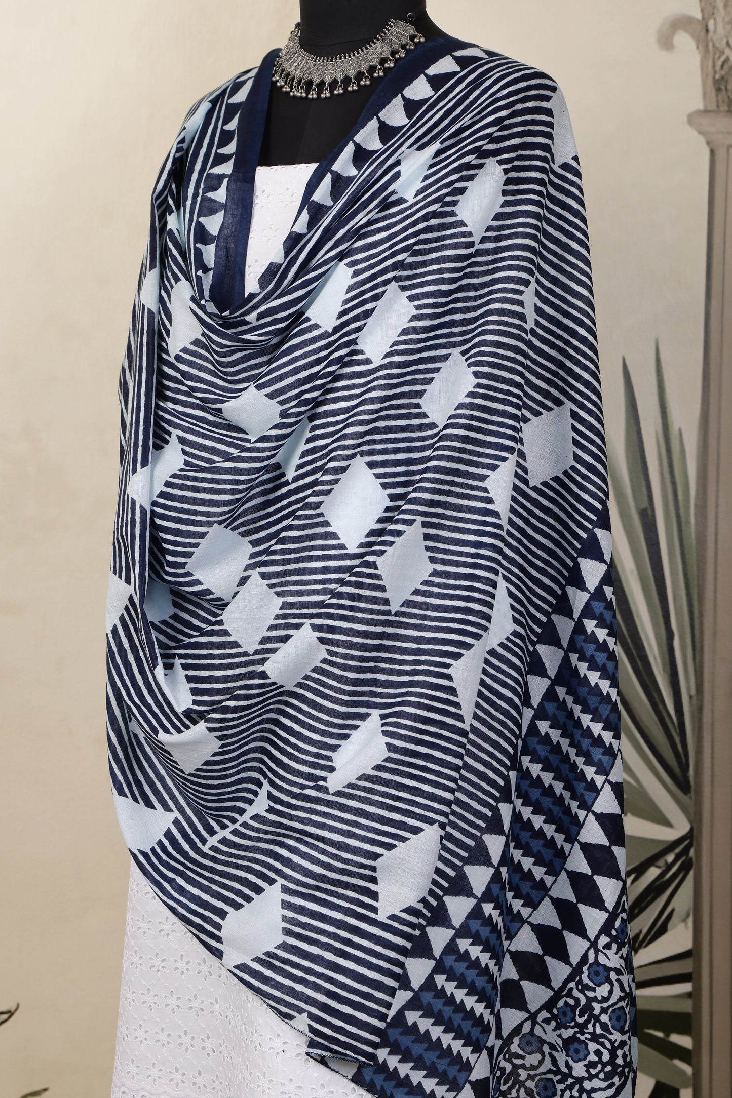 White Cotton Shiffli Unstitched Suit Set with Indigo Blue Printed 5 Mul Cotton Dupatta