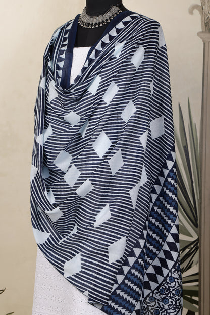 White Cotton Shiffli Unstitched Suit Set with Indigo Blue Printed 5 Mul Cotton Dupatta