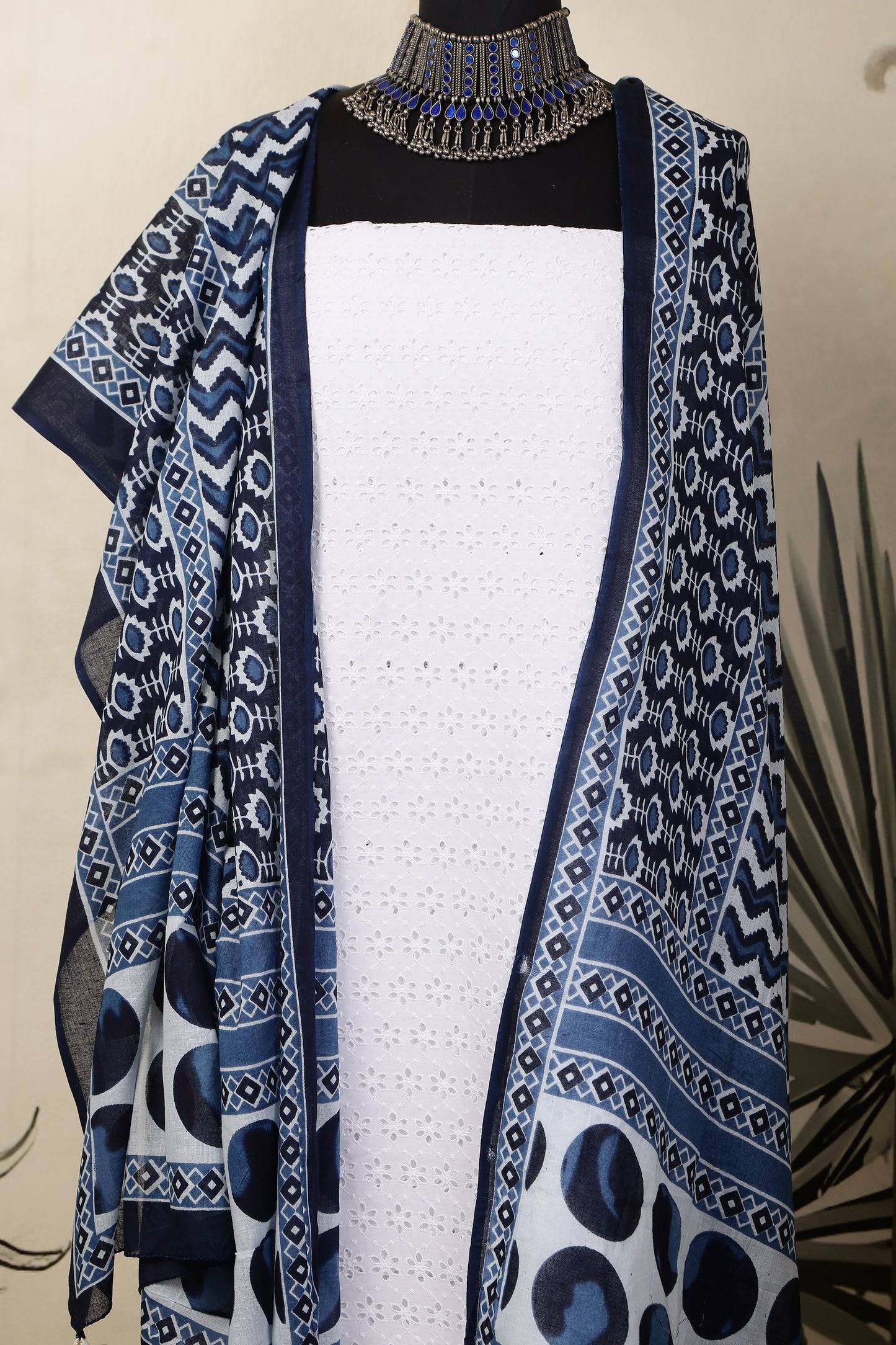 White Cotton Shiffli Unstitched Suit Set with Indigo Blue Printed 4 Mul Cotton Dupatta