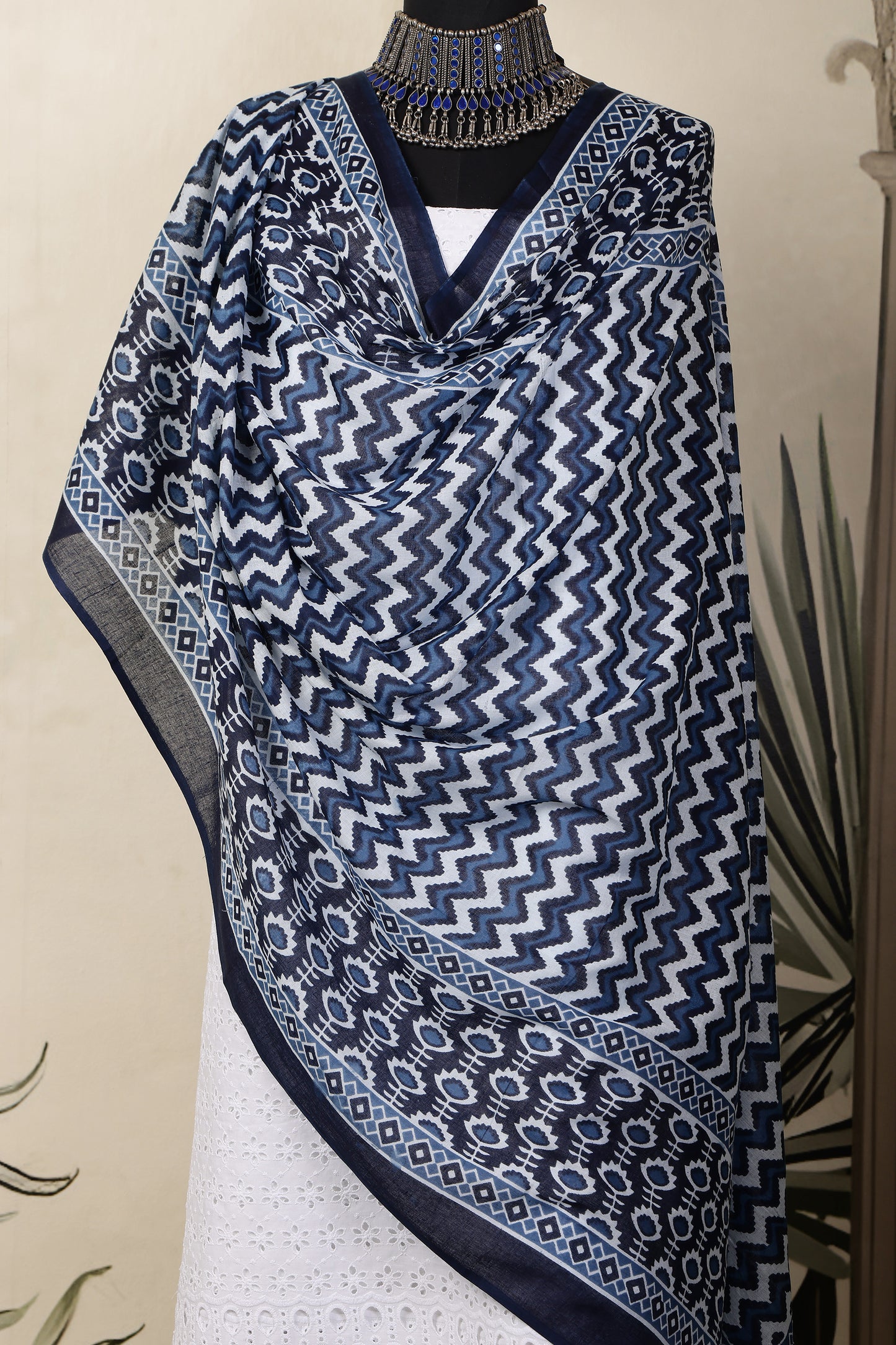 White Cotton Shiffli Unstitched Suit Set with Indigo Blue Printed 4 Mul Cotton Dupatta