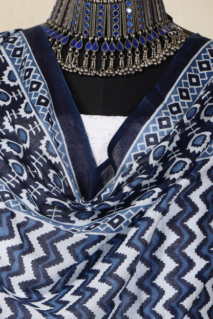 White Cotton Shiffli Unstitched Suit Set with Indigo Blue Printed 4 Mul Cotton Dupatta