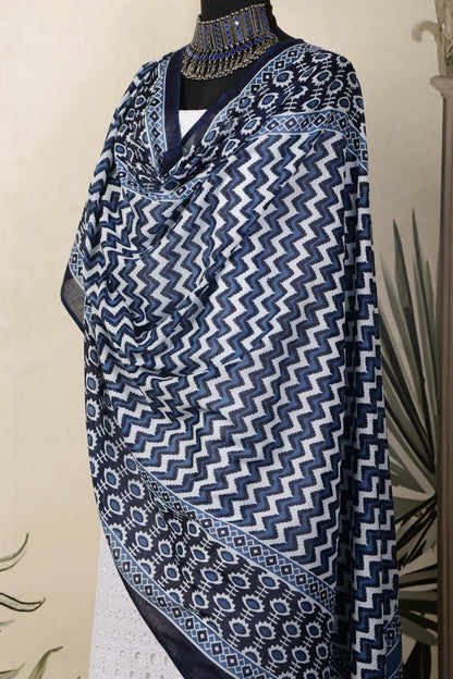 White Cotton Shiffli Unstitched Suit Set with Indigo Blue Printed 4 Mul Cotton Dupatta