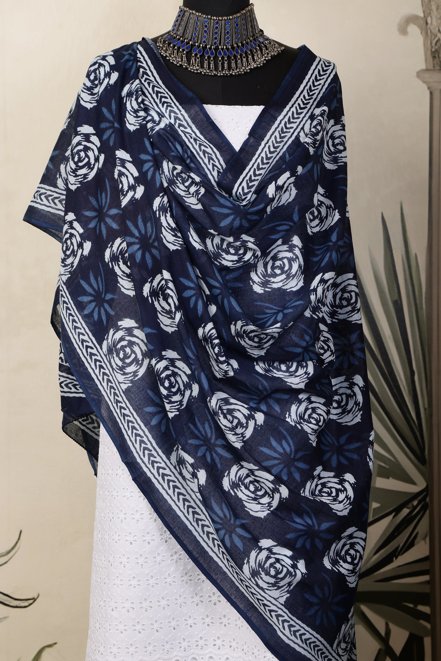 White Cotton Shiffli Unstitched Suit Set with Indigo Blue Printed 3 Mul Cotton Dupatta