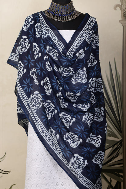 White Cotton Shiffli Unstitched Suit Set with Indigo Blue Printed 3 Mul Cotton Dupatta