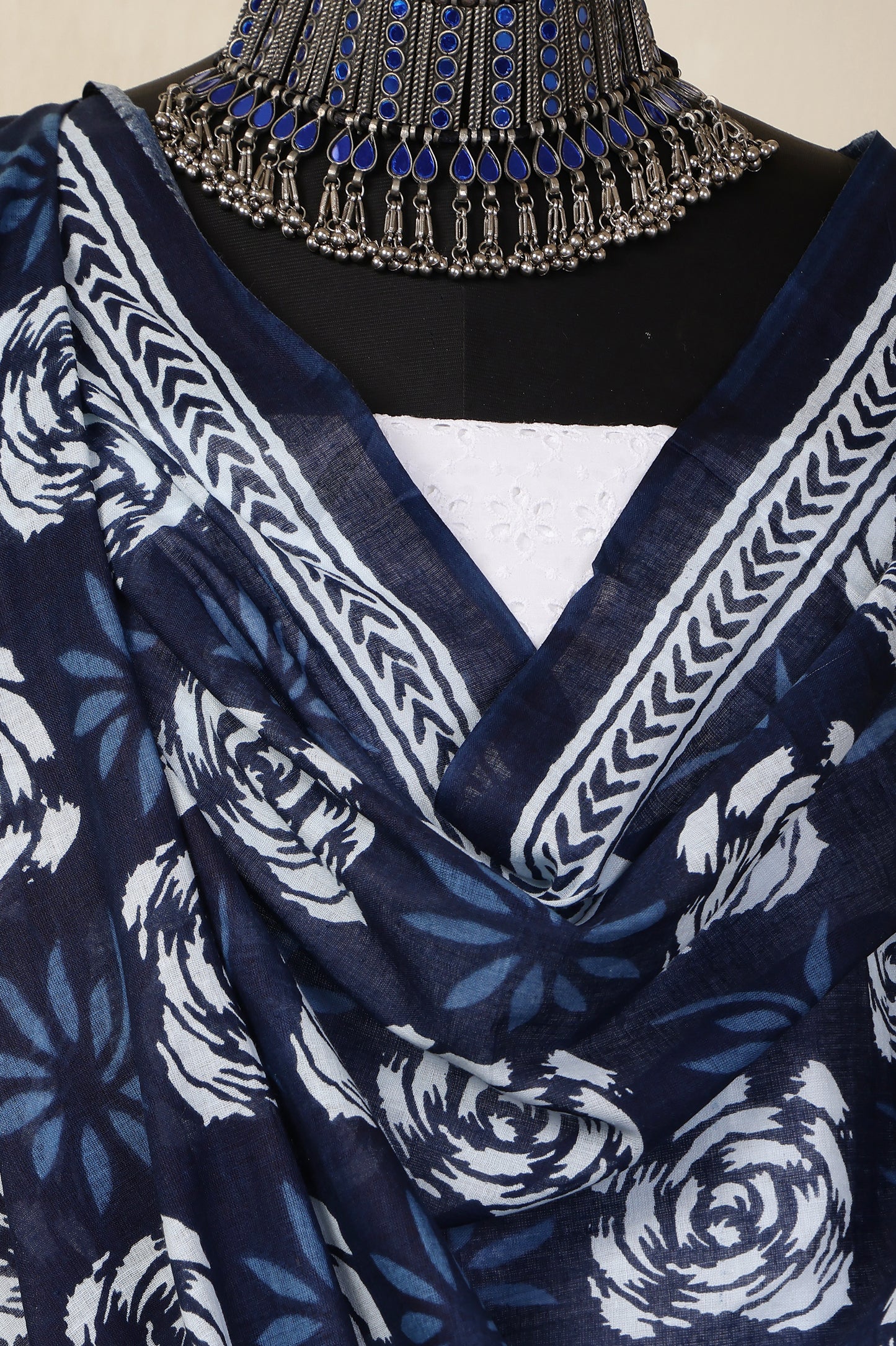 White Cotton Shiffli Unstitched Suit Set with Indigo Blue Printed 3 Mul Cotton Dupatta