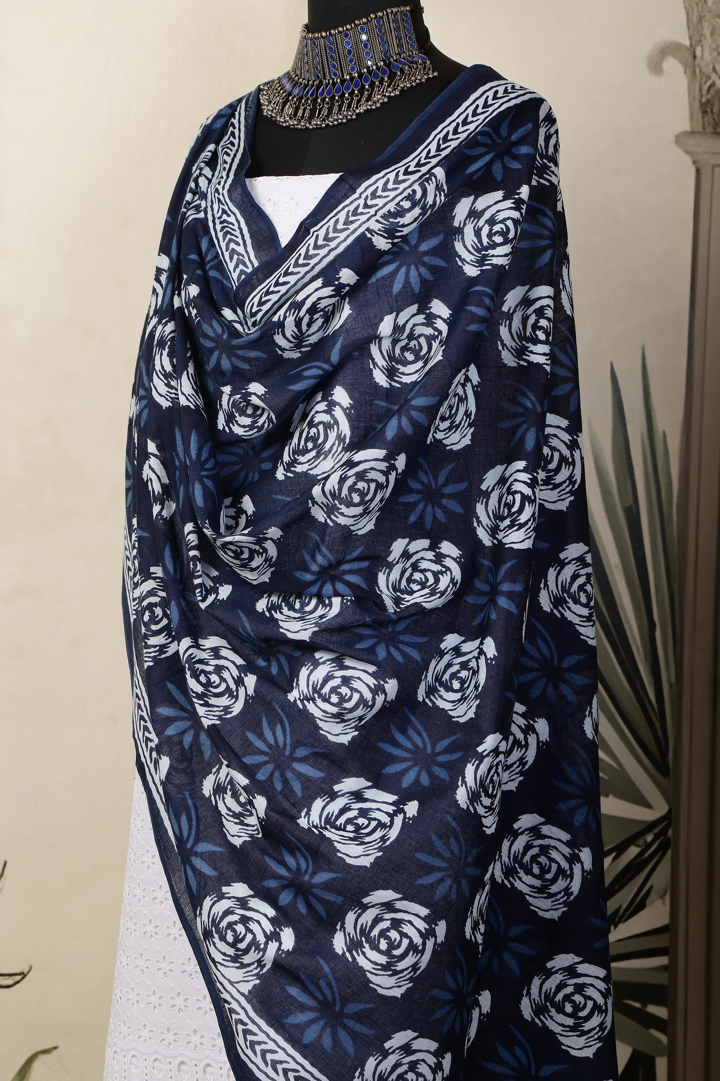 White Cotton Shiffli Unstitched Suit Set with Indigo Blue Printed 3 Mul Cotton Dupatta
