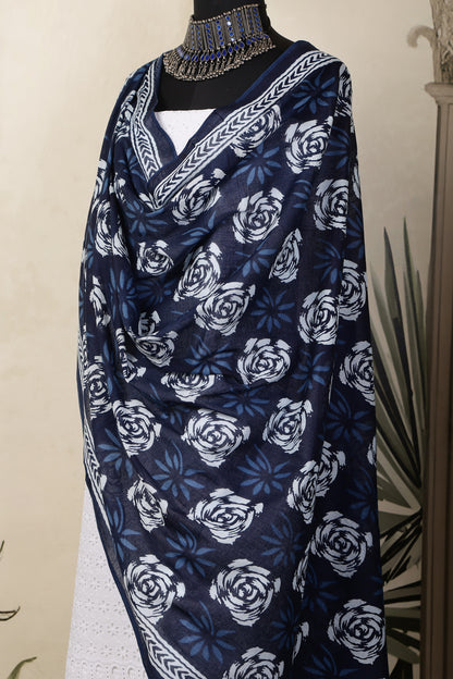 White Cotton Shiffli Unstitched Suit Set with Indigo Blue Printed 3 Mul Cotton Dupatta