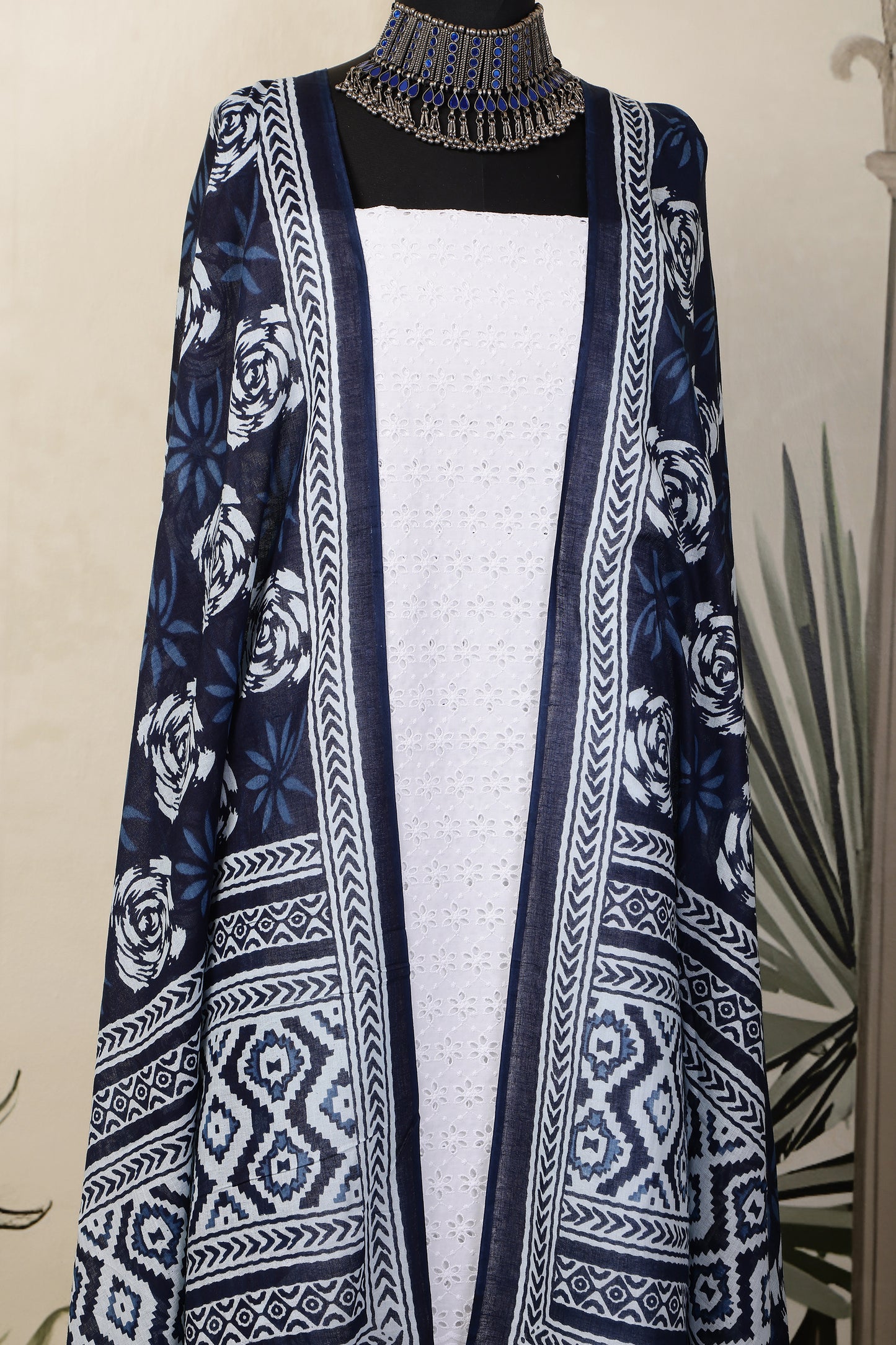 White Cotton Shiffli Unstitched Suit Set with Indigo Blue Printed 3 Mul Cotton Dupatta