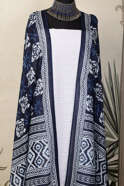 White Cotton Shiffli Unstitched Suit Set with Indigo Blue Printed 3 Mul Cotton Dupatta