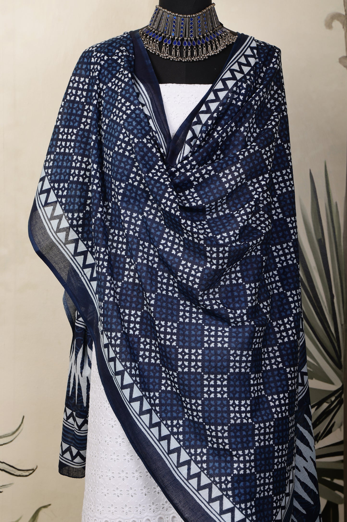 White Cotton Shiffli Unstitched Suit Set with Indigo Blue Printed 2 Mul Cotton Dupatta