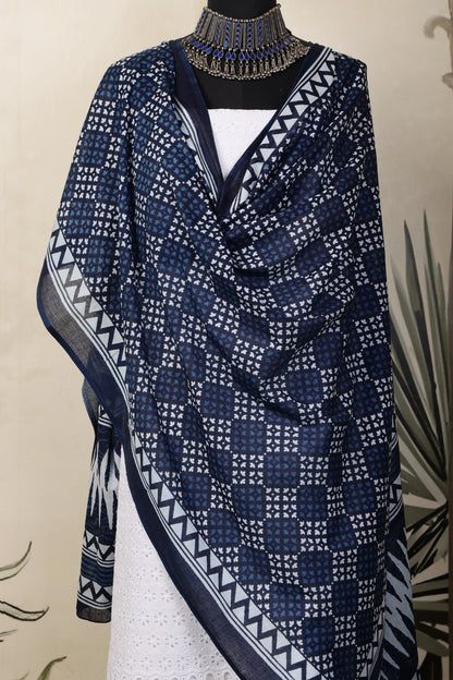 White Cotton Shiffli Unstitched Suit Set with Indigo Blue Printed 2 Mul Cotton Dupatta