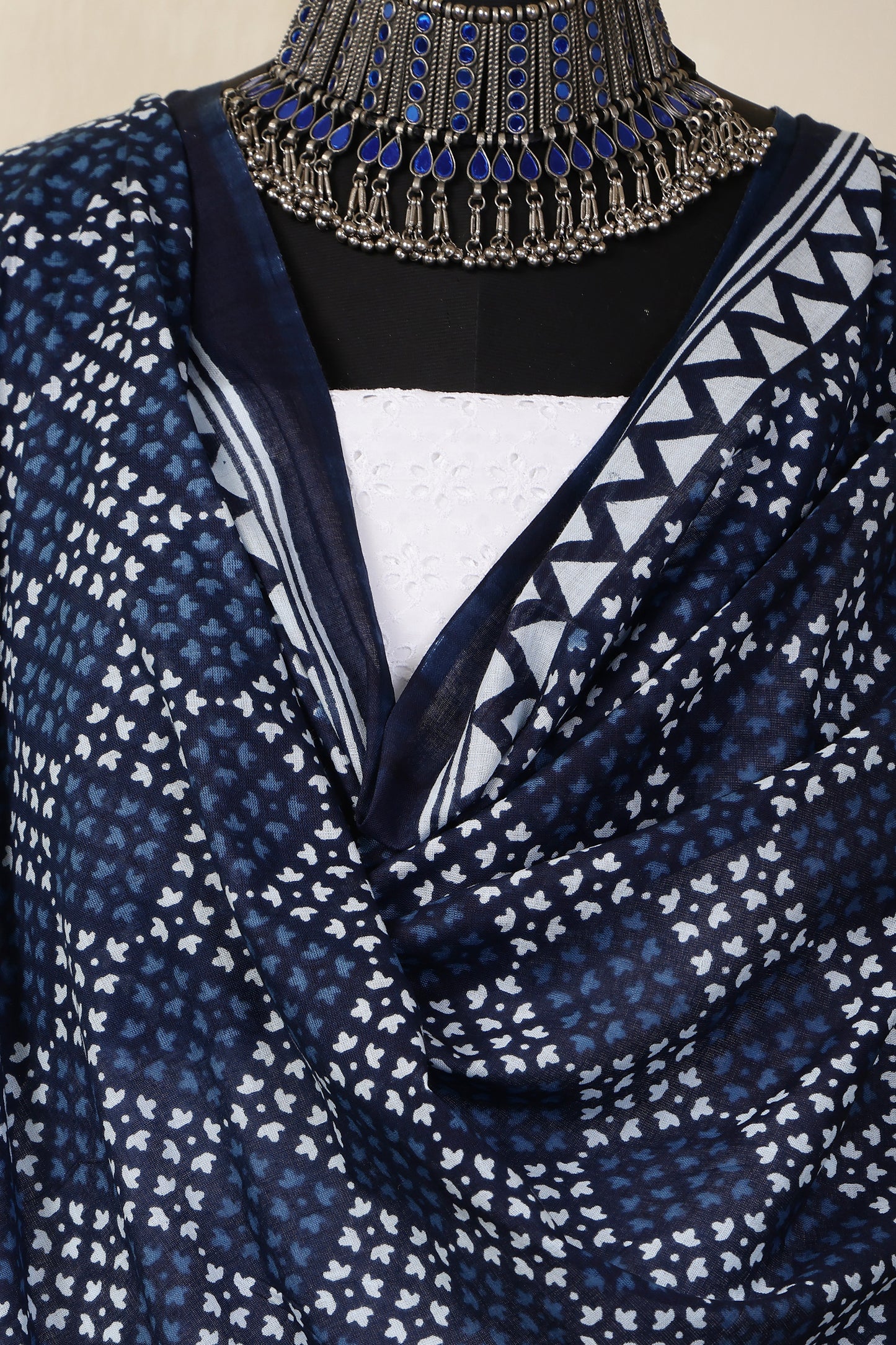 White Cotton Shiffli Unstitched Suit Set with Indigo Blue Printed 2 Mul Cotton Dupatta