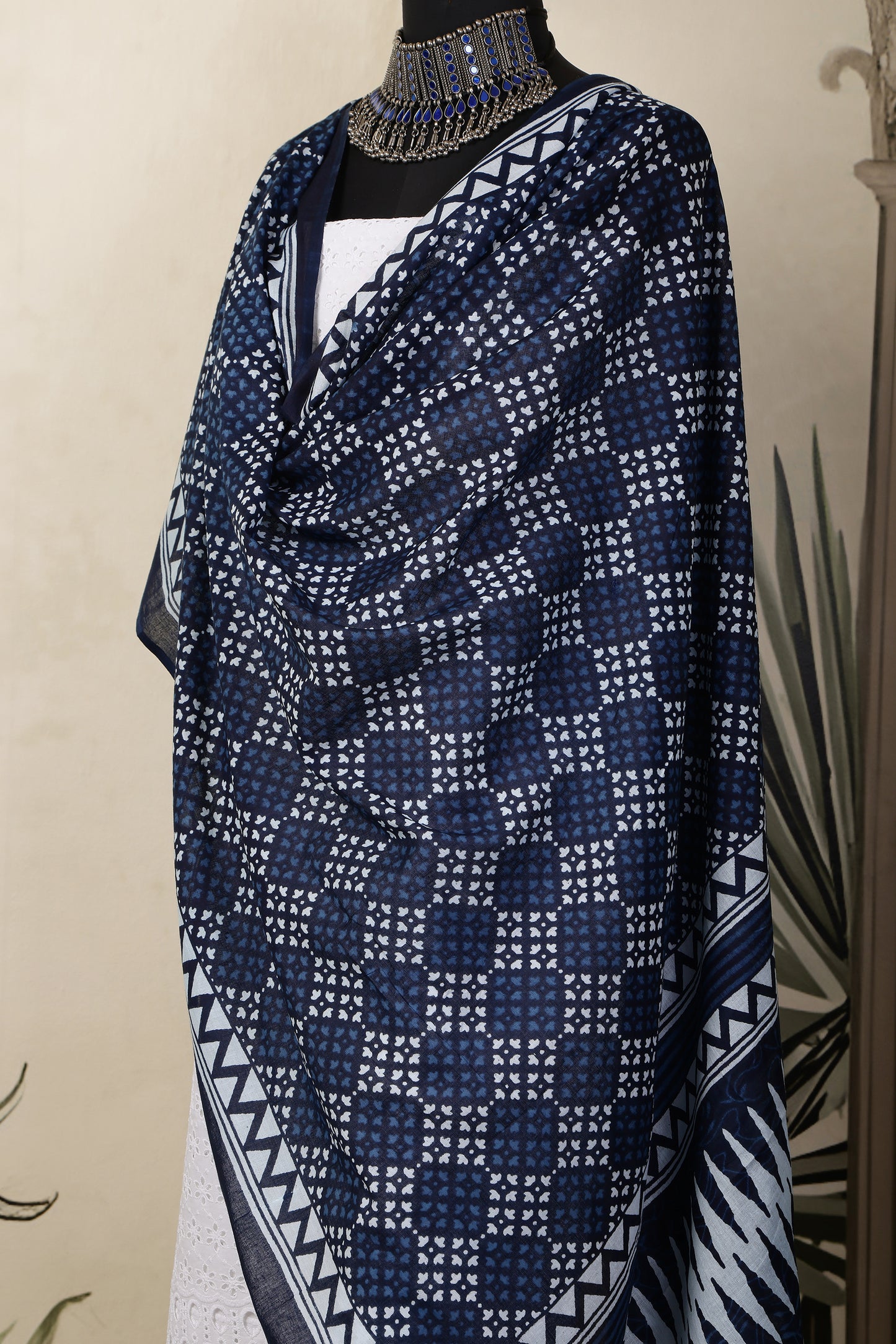 White Cotton Shiffli Unstitched Suit Set with Indigo Blue Printed 2 Mul Cotton Dupatta