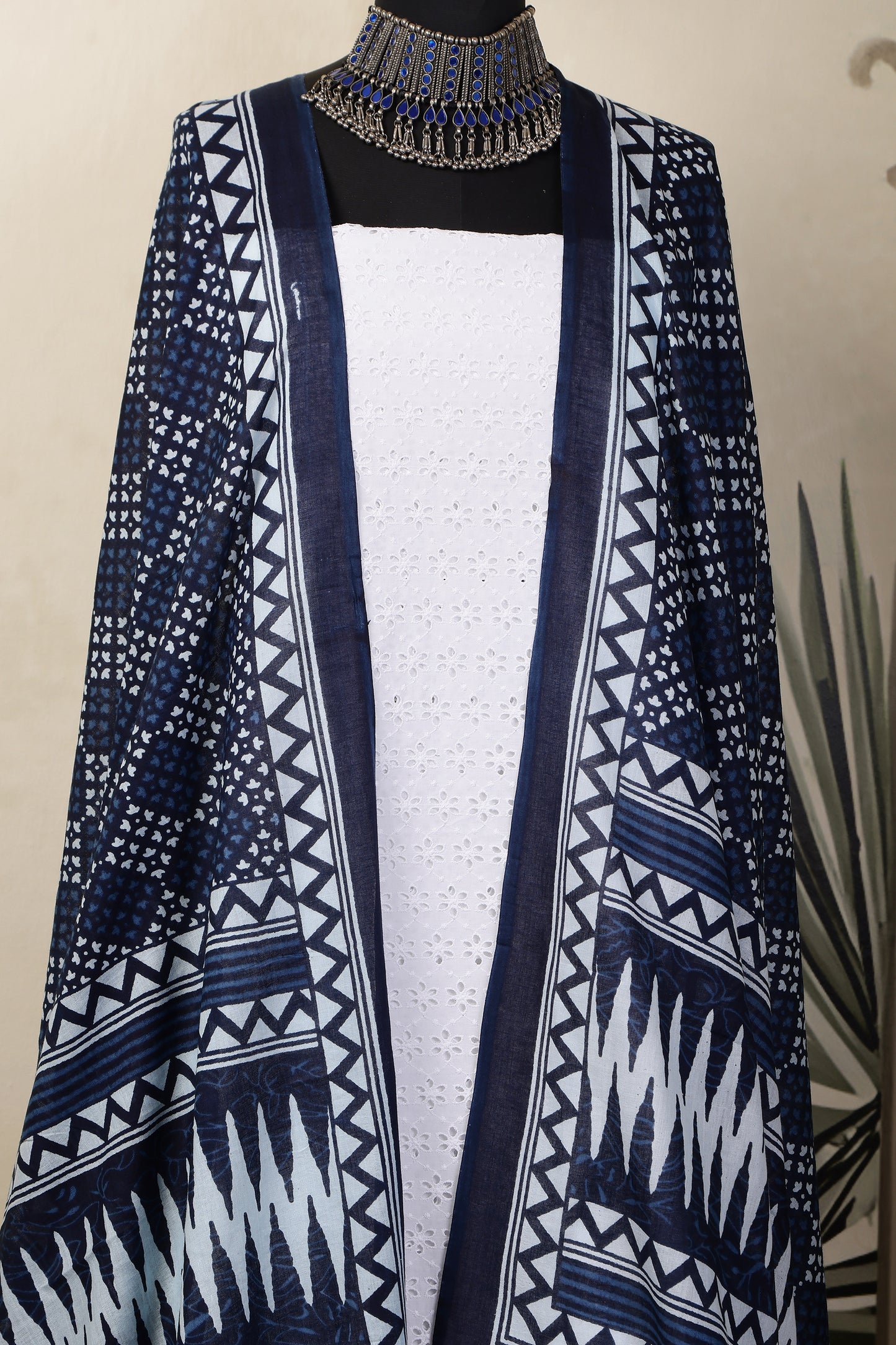 White Cotton Shiffli Unstitched Suit Set with Indigo Blue Printed 2 Mul Cotton Dupatta