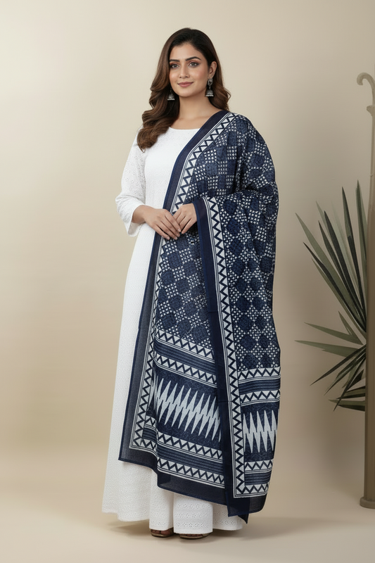 White Cotton Shiffli Unstitched Suit Set with Indigo Blue Printed 2 Mul Cotton Dupatta