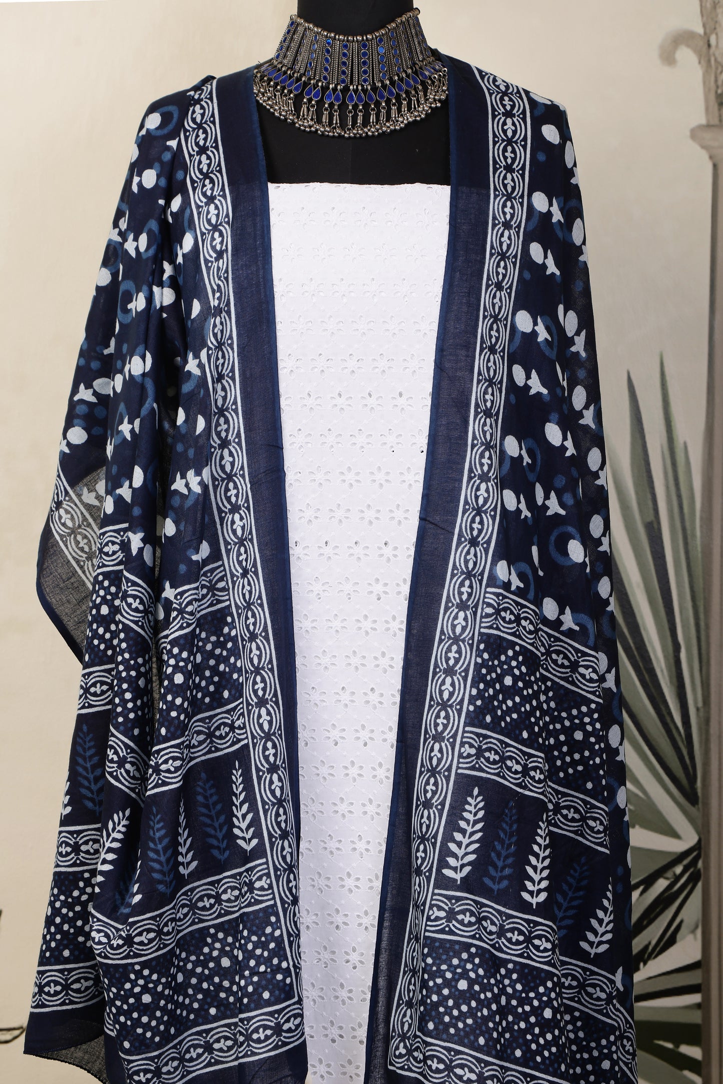 White Cotton Shiffli Unstitched Suit Set with Indigo Blue Printed 1 Mul Cotton Dupatta