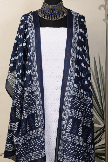 White Cotton Shiffli Unstitched Suit Set with Indigo Blue Printed 1 Mul Cotton Dupatta