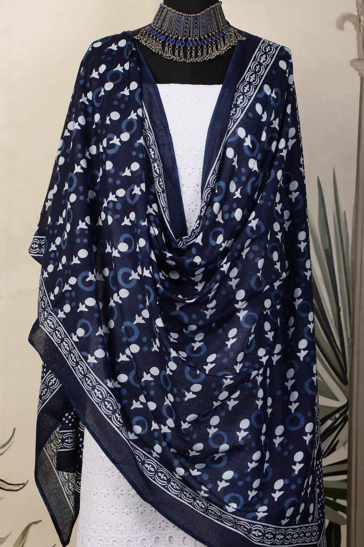 White Cotton Shiffli Unstitched Suit Set with Indigo Blue Printed 1 Mul Cotton Dupatta
