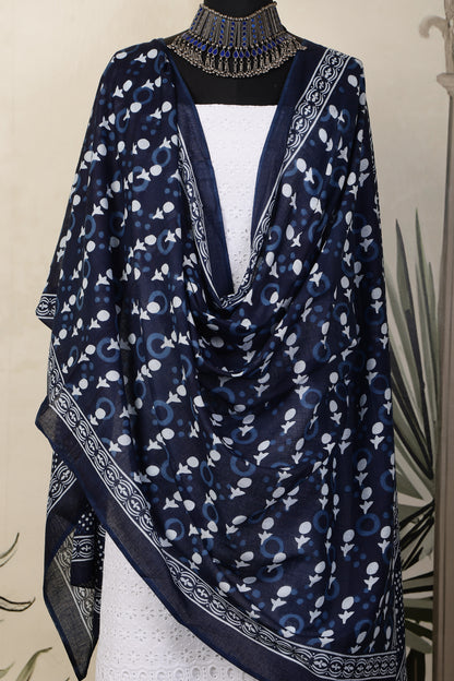 White Cotton Shiffli Unstitched Suit Set with Indigo Blue Printed 1 Mul Cotton Dupatta