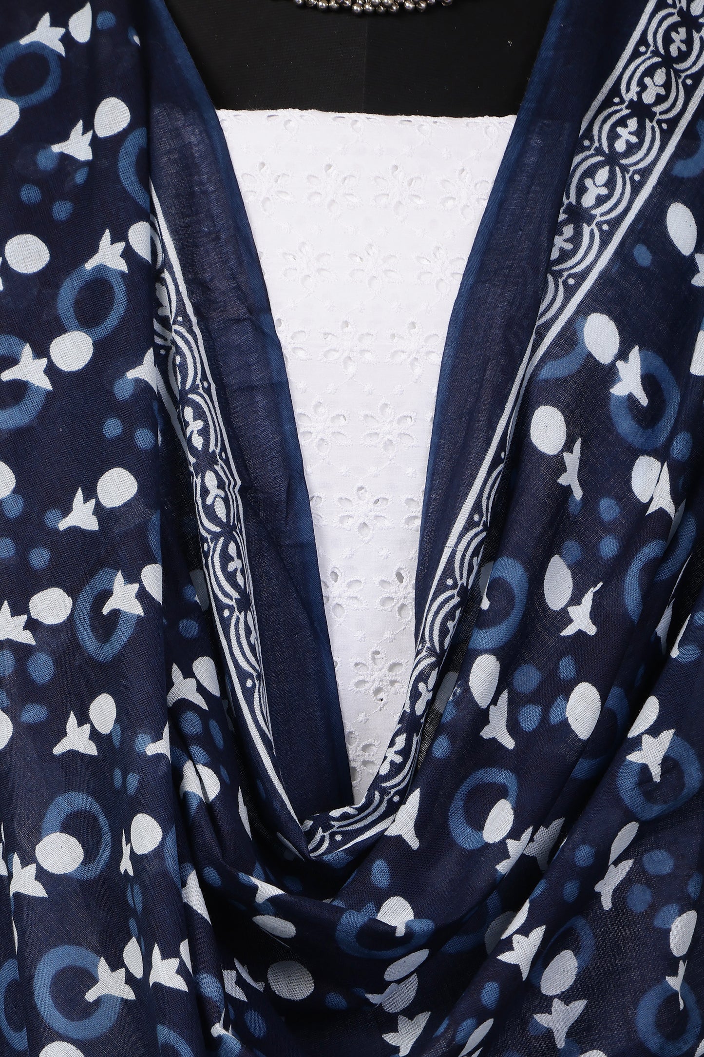 White Cotton Shiffli Unstitched Suit Set with Indigo Blue Printed 1 Mul Cotton Dupatta