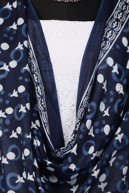 White Cotton Shiffli Unstitched Suit Set with Indigo Blue Printed 1 Mul Cotton Dupatta