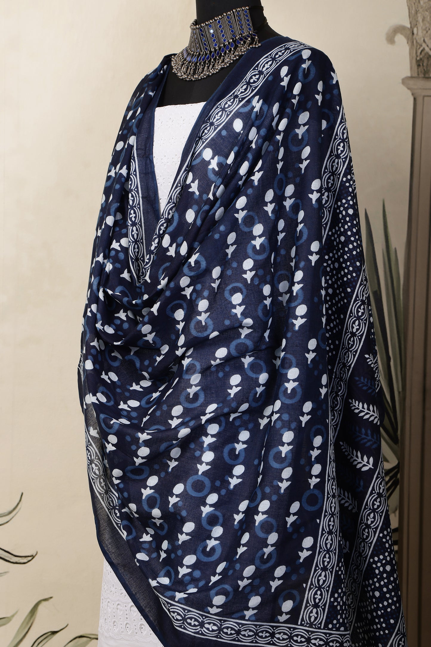 White Cotton Shiffli Unstitched Suit Set with Indigo Blue Printed 1 Mul Cotton Dupatta